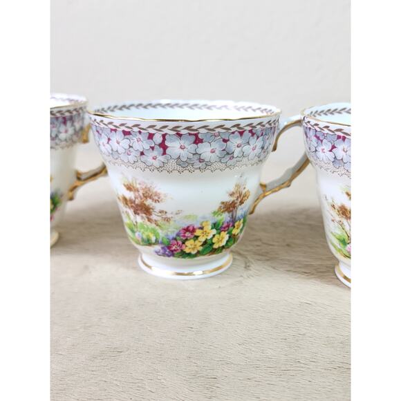 Woodland Dell Teacup Mug Sutherland Bone China Gold Trim Made in England x4 Vtg - Picture 5 of 14